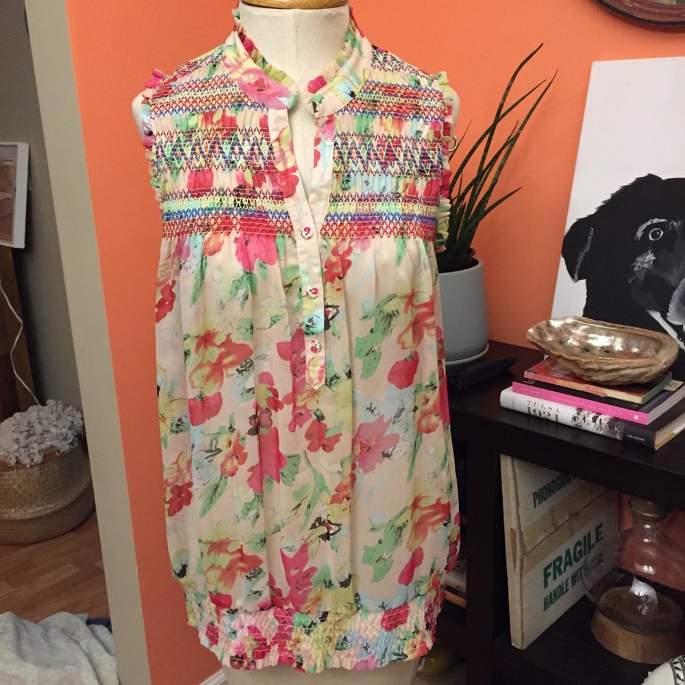 V Cristina floral tank smock blouse button down sleeveless colorful L